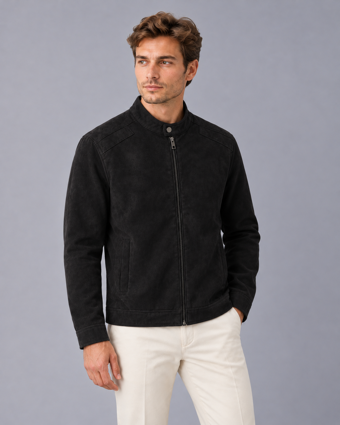 Men's Faux Suede Jacket with Stand Collar and Zip Front