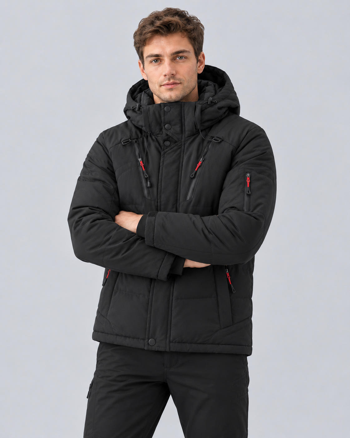 Men's Hooded Puffer Jacket – Insulated Quilted Winter Coat with Multiple Zip Pockets