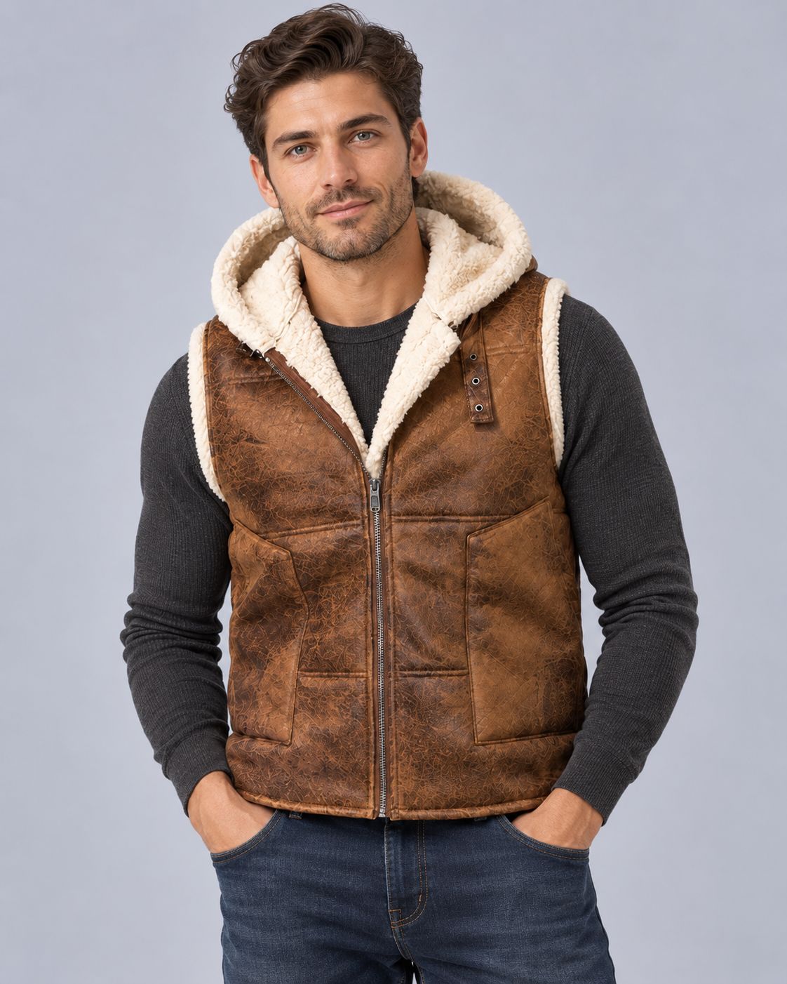 Men's Body Warmer in Faux Leather – Hooded Gilet with Faux Fur-Lined Hood, Full Zip