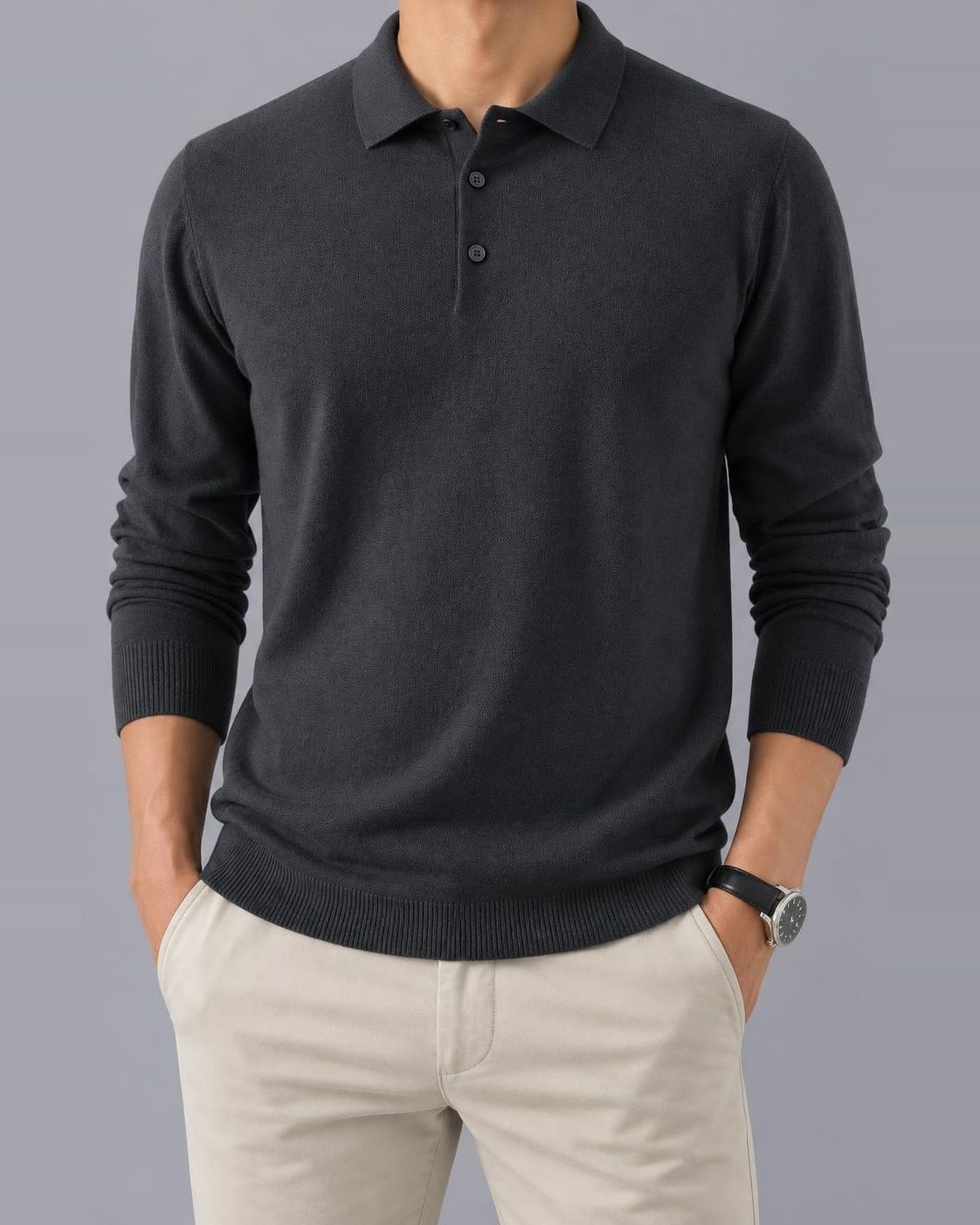 Men's Knitted Polo Jumper – Textured Long Sleeve, Regular Fit – Dark Gray