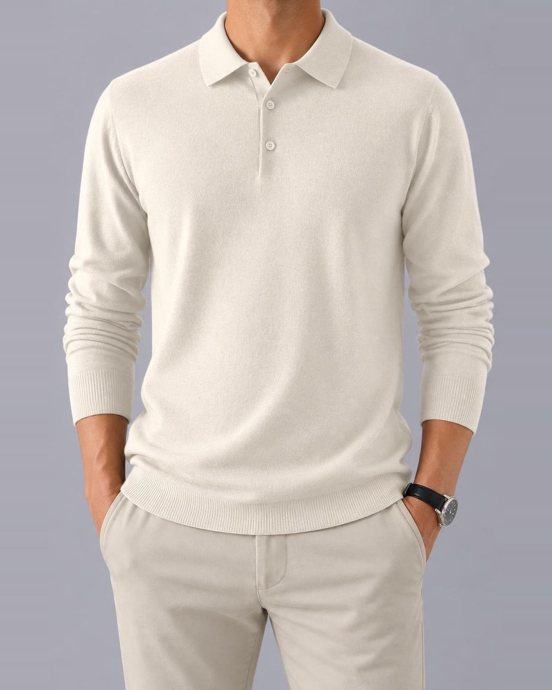Men's Knitted Polo Jumper – Textured Long Sleeve, Regular Fit – Beige