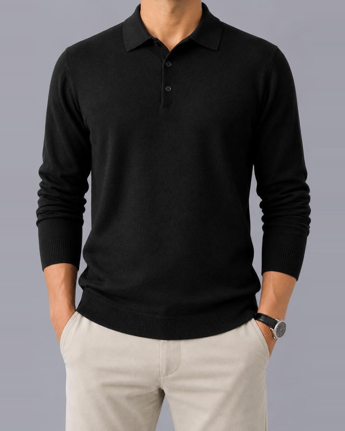 Men's Knitted Polo Jumper – Textured Long Sleeve, Regular Fit – Black