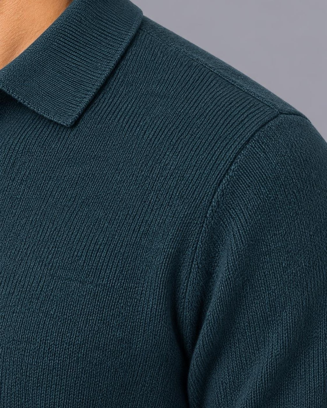 Men's Knitted Polo Jumper – Textured Long Sleeve, Regular Fit – Blue – shoulder detail