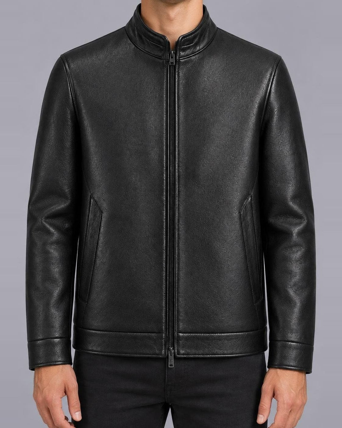 Men's Faux Leather Jacket – Stand Collar, Regular Fit – Black