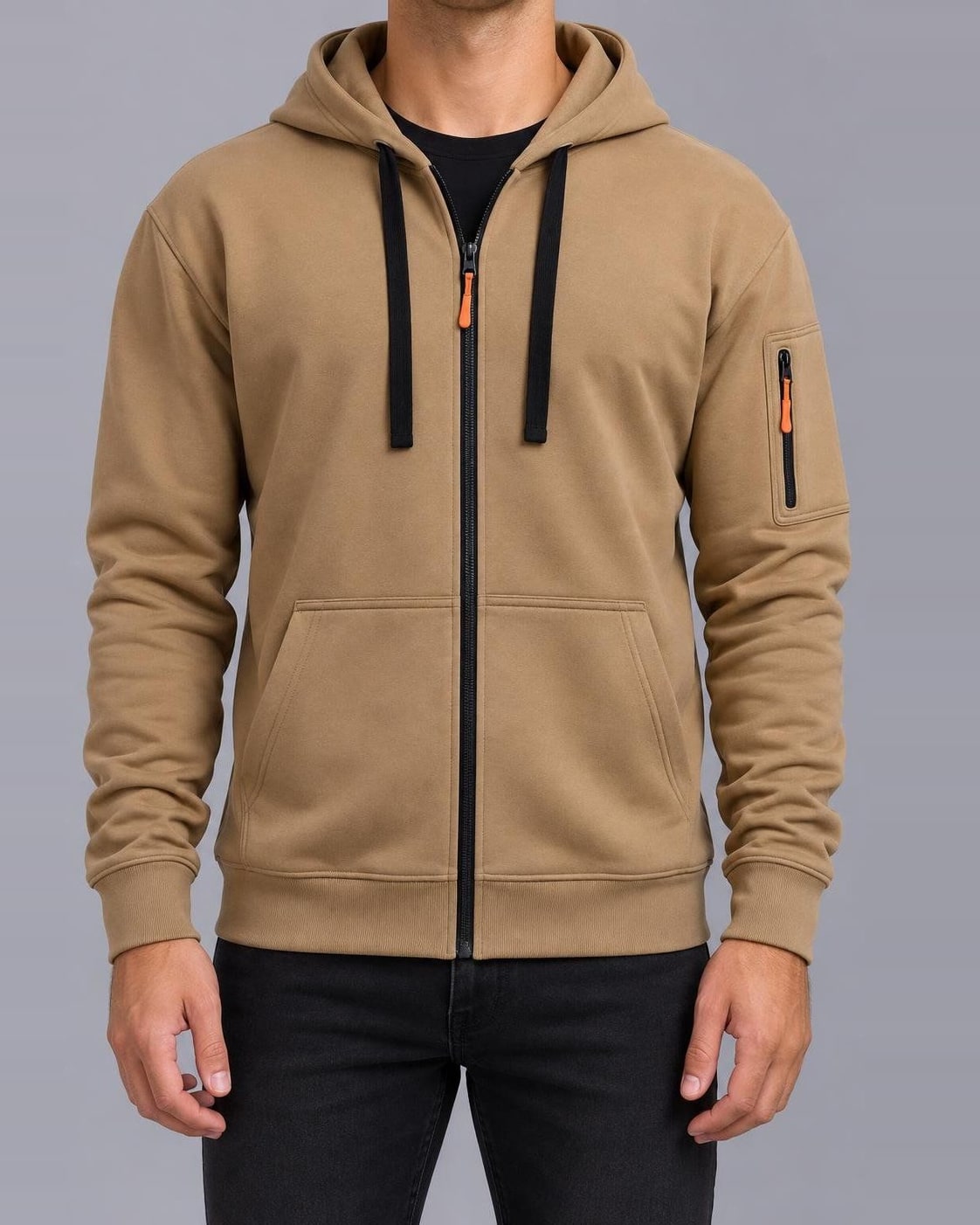 Men's Zip-Up Hoodie – Full Zip, Regular Fit – Beige