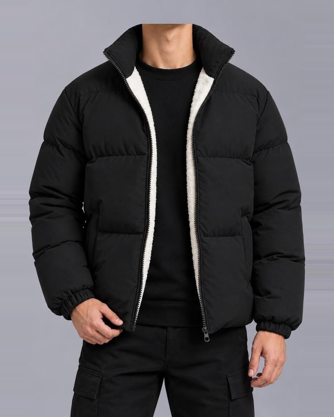 Men's Fleece-Lined Puffer Jacket – Funnel Neck, Full Zip – Black