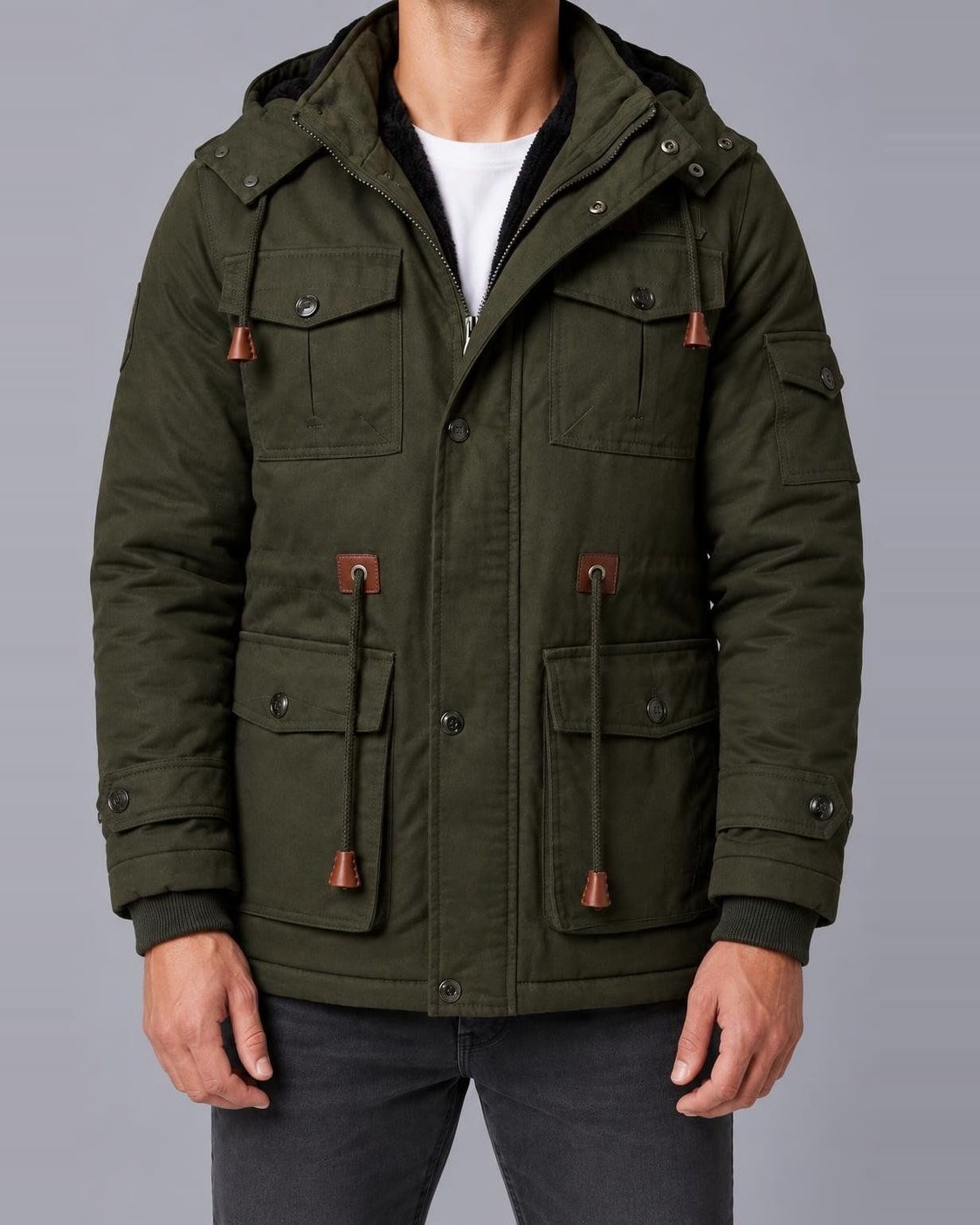 Men's Hooded Winter Parka – Fleece-Lined Hood, Multi-Pocket – Green