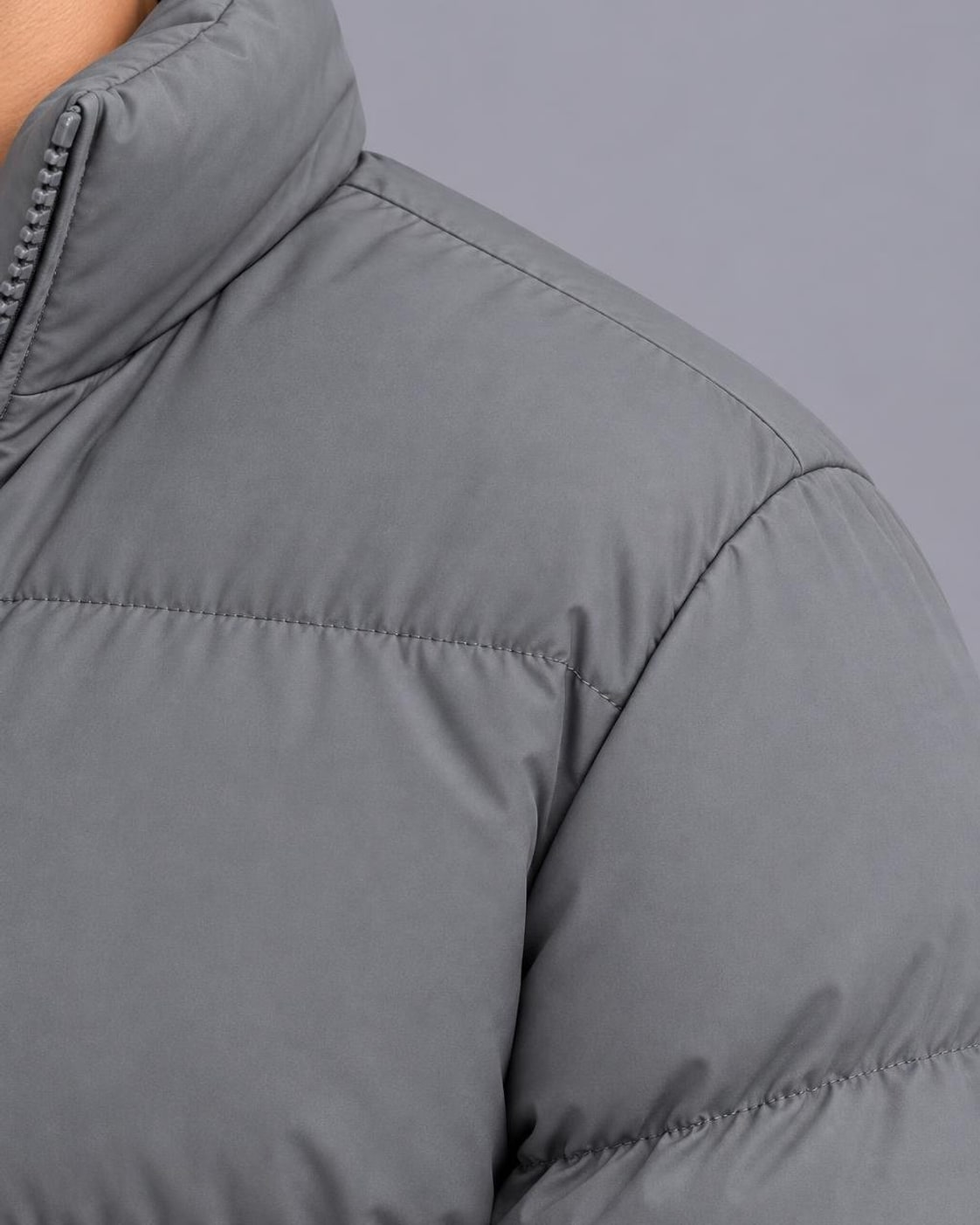 Men's Fleece-Lined Puffer Jacket – Funnel Neck, Full Zip – Grey – shoulder detail