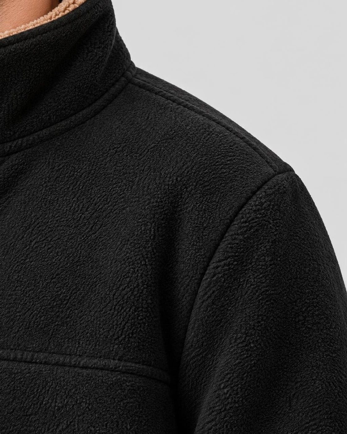 Men's Sherpa Fleece Jacket – Full Zip, Stand Collar – Black – shoulder detail