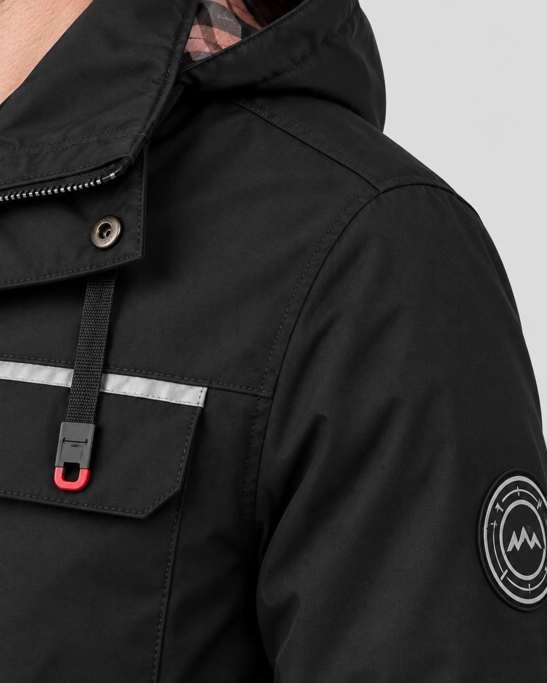 Men's Hooded Utility Parka – Storm Flap, Multi-Pocket – Black – shoulder detail