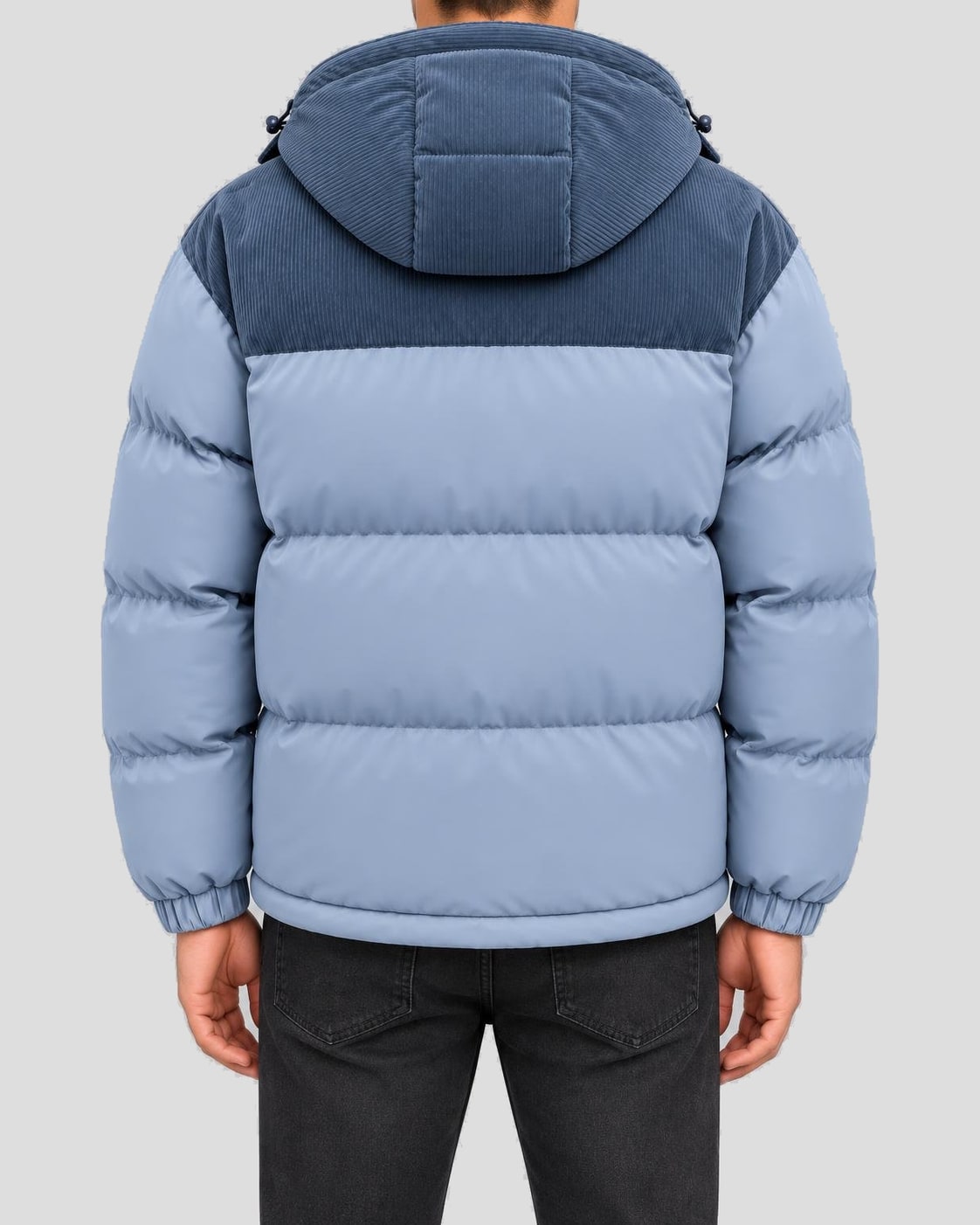 Men's Hooded Puffer Jacket – Corduroy Panel, Regular Fit – Blue – back