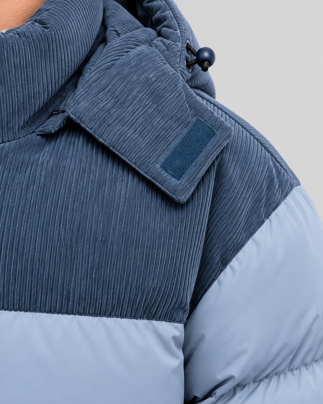 Men's Hooded Puffer Jacket – Corduroy Panel, Regular Fit – Blue – shoulder detail