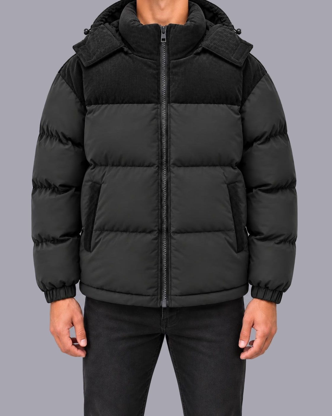 Men's Hooded Puffer Jacket – Corduroy Panel, Regular Fit – Black