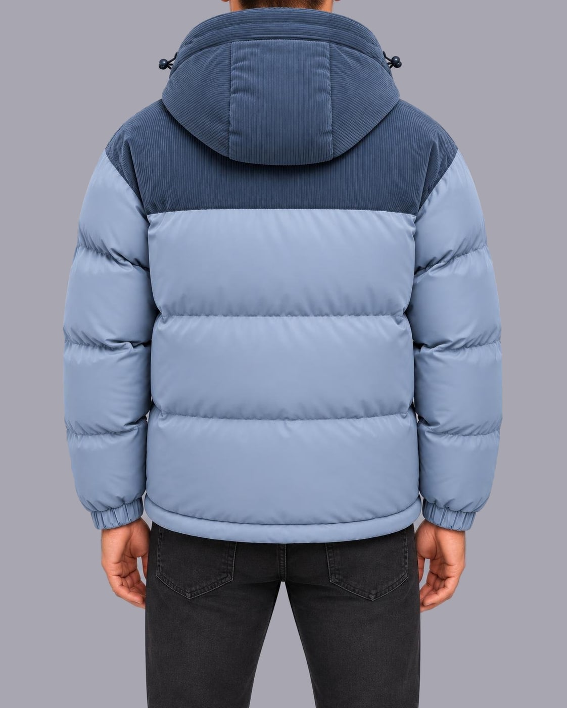 Men's Hooded Puffer Jacket – Corduroy Panel, Regular Fit – Blue – back