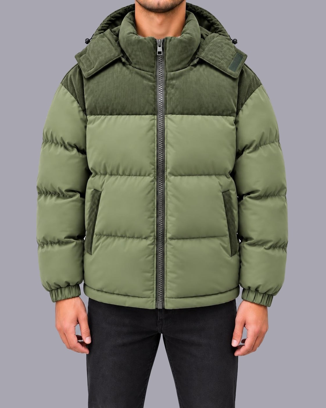 Men's Hooded Puffer Jacket – Corduroy Panel, Regular Fit – Green