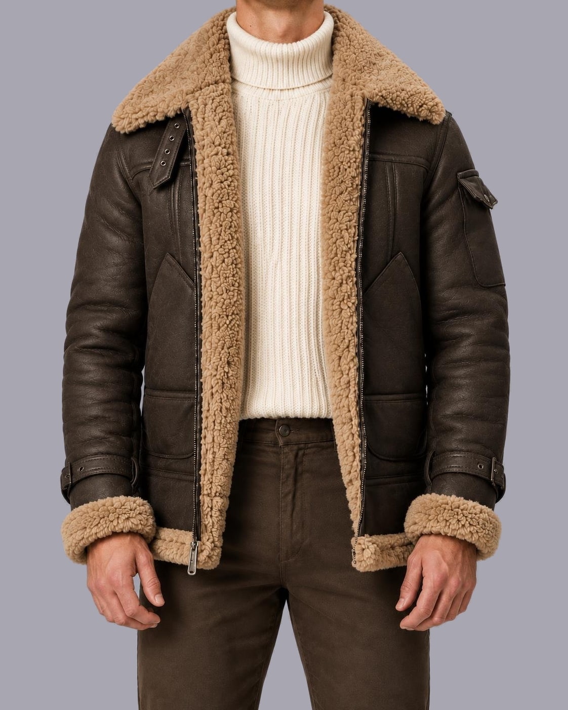 Men's Faux Leather Aviator Jacket – Faux Shearling Collar – Coffee