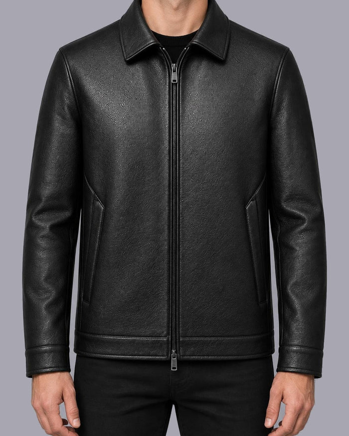 Men's Faux Leather Zip Jacket – Classic Collar, Regular Fit – Black