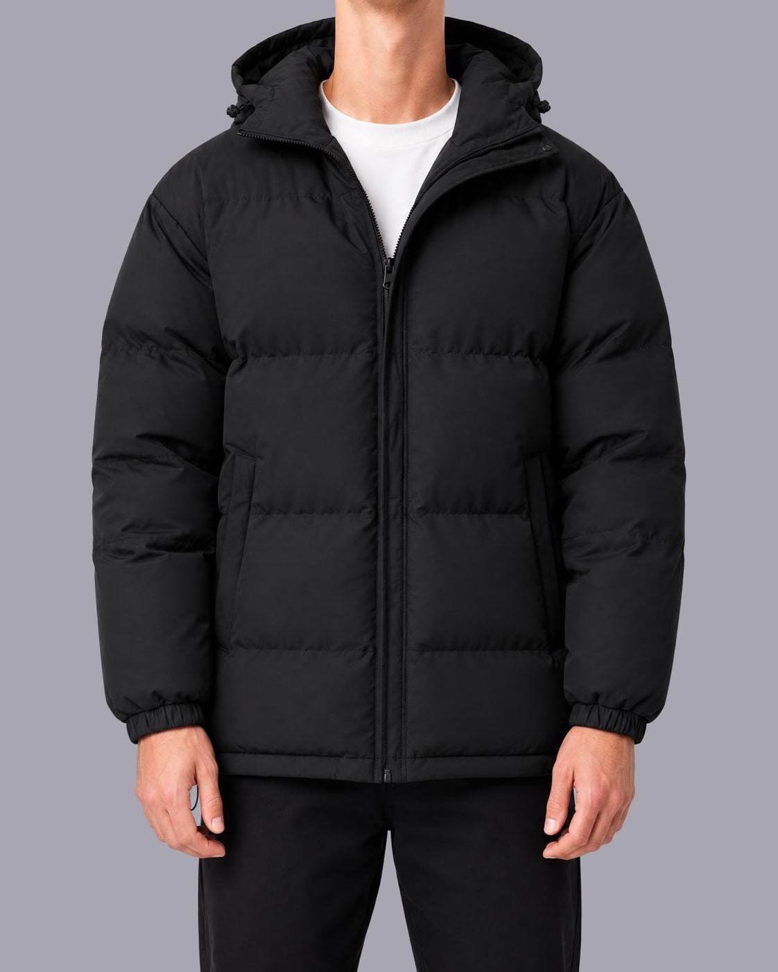Men's Quilted Puffer Jacket – High Neck, Drawstring Hood – Black