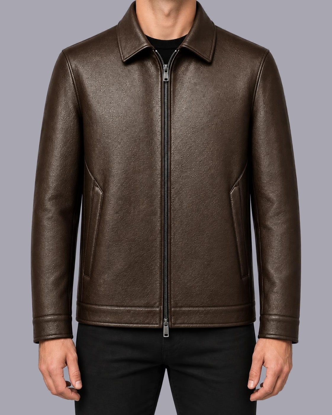 Men's Faux Leather Zip Jacket – Classic Collar, Regular Fit – Brown