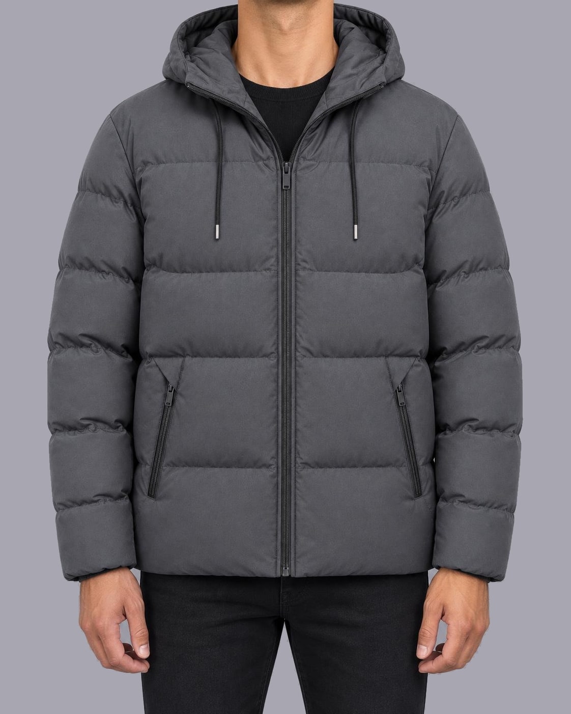 Men's Quilted Puffer Jacket – Hooded, Zip Pockets – Gray