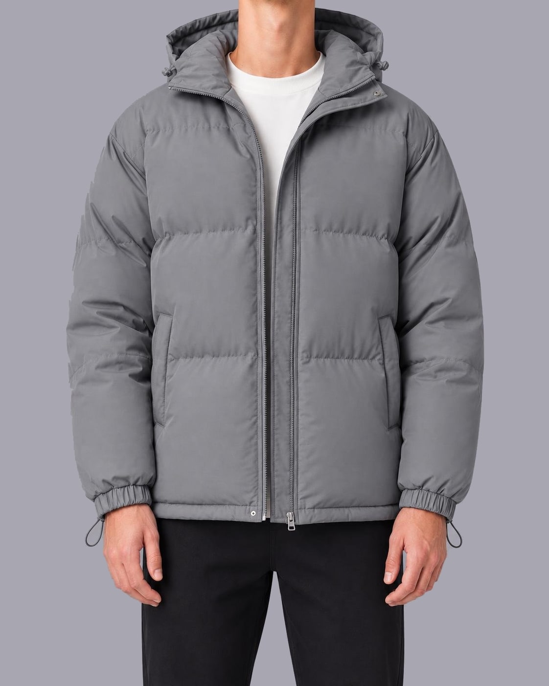 Men's Quilted Puffer Jacket – High Neck, Drawstring Hood – Grey