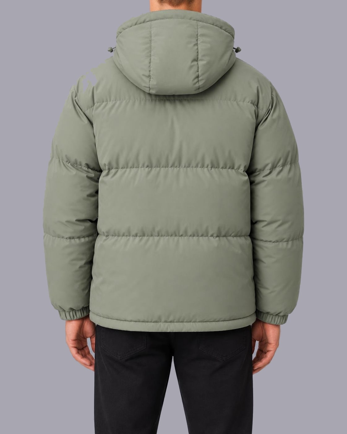 Men's Quilted Puffer Jacket – High Neck, Drawstring Hood – Sage Green – back