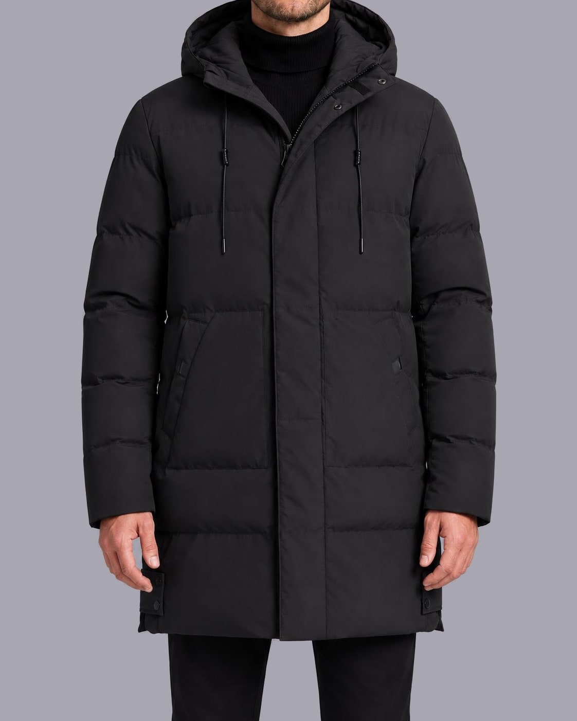 Men's Longline Puffer Coat – Hooded, Quilted Mid-Thigh Length – Black