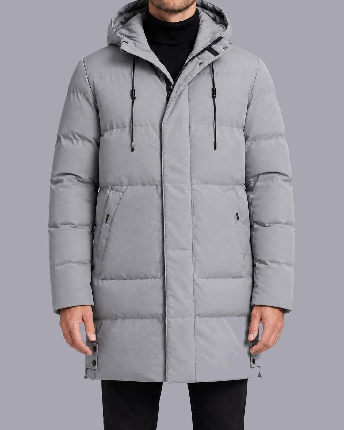 Men's Longline Puffer Coat – Hooded, Quilted Mid-Thigh Length – Grey