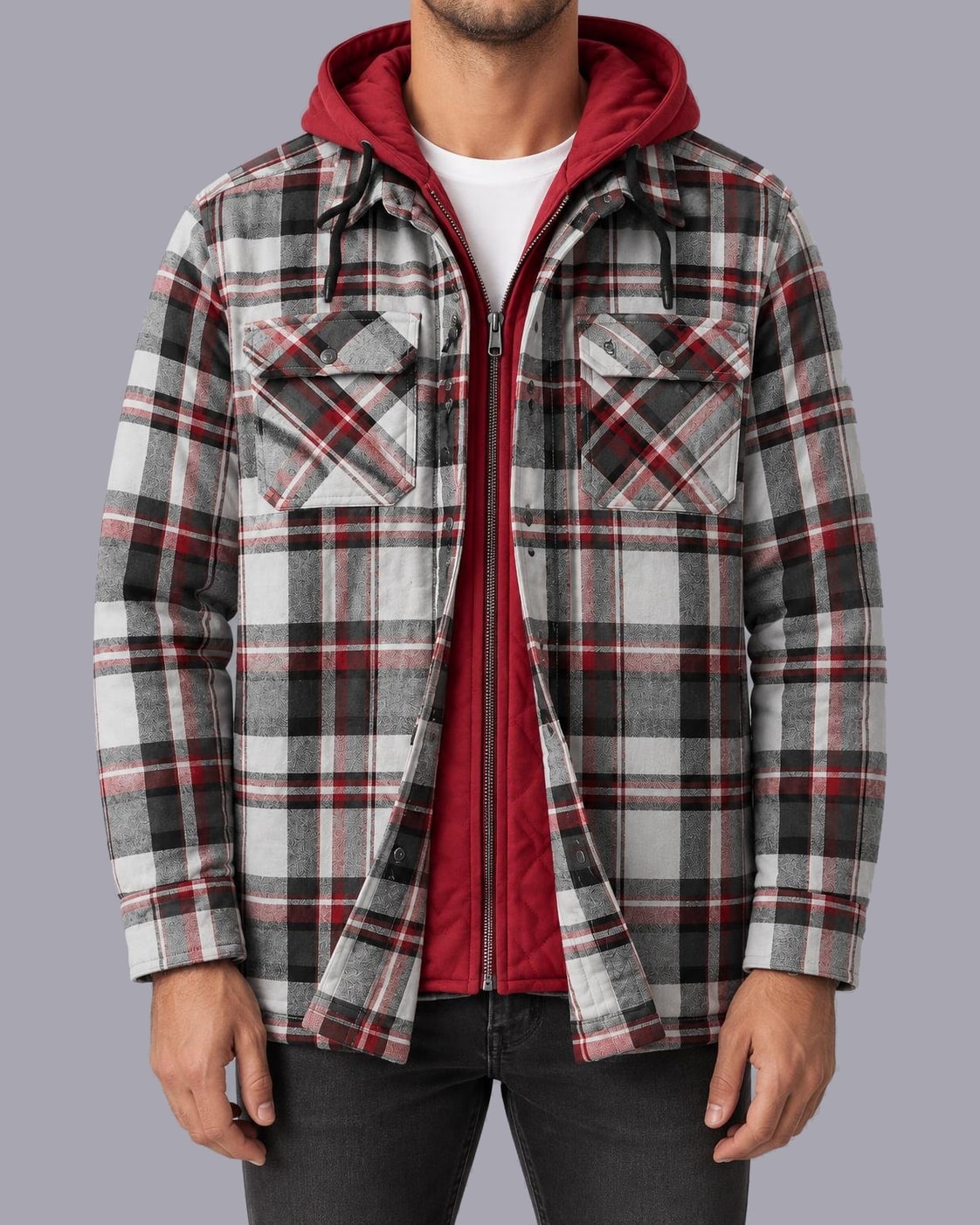 Men's Hooded Flannel Shacket – Quilted Lining, Regular Fit – Grey