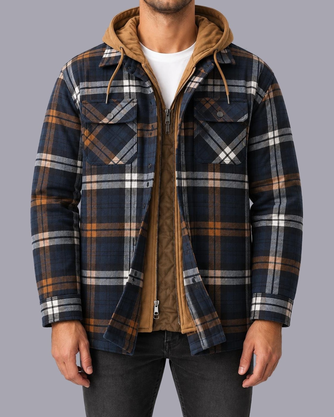 Men's Hooded Flannel Shacket – Quilted Lining, Regular Fit – Navy