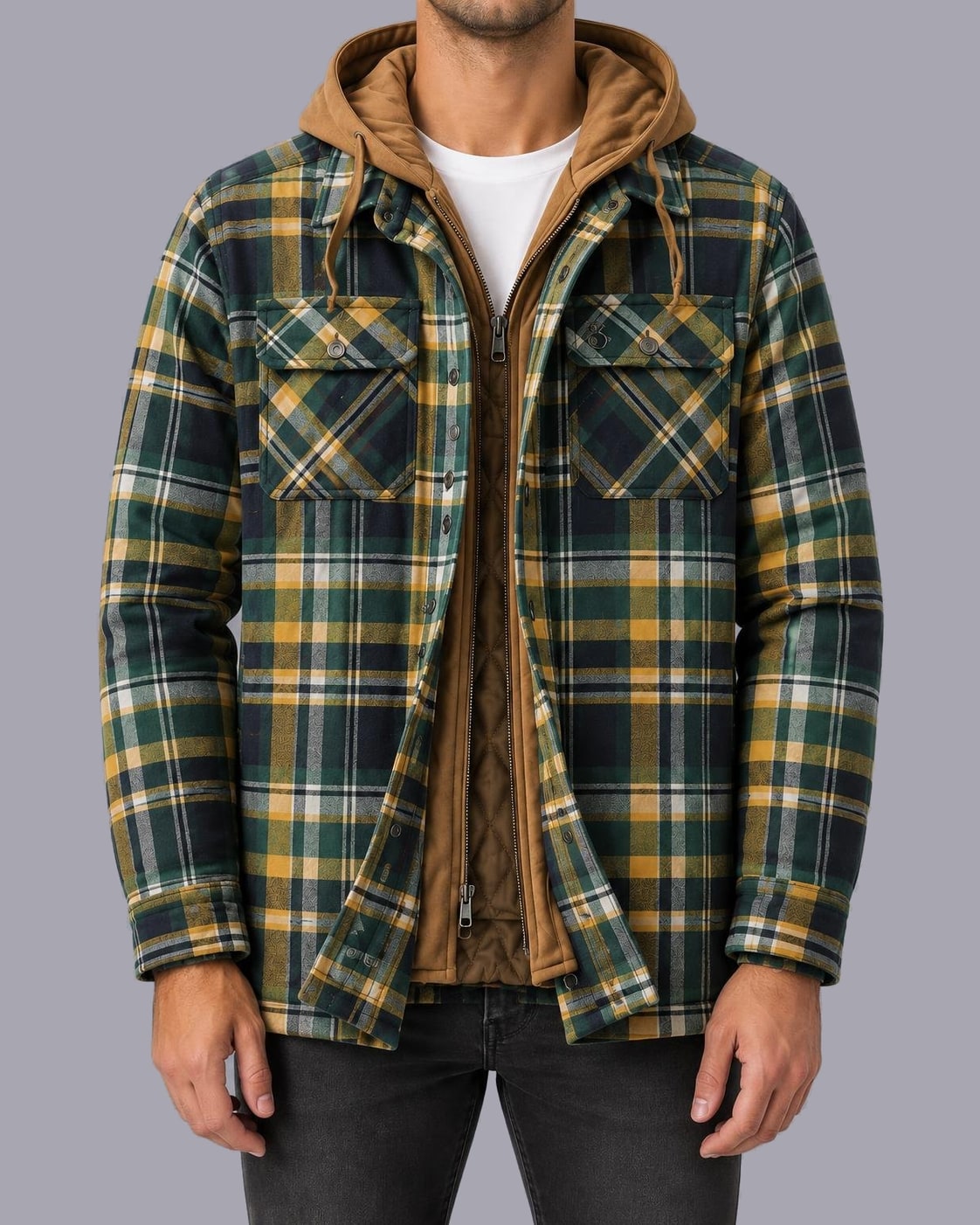 Men's Hooded Flannel Shacket – Quilted Lining, Regular Fit – Green