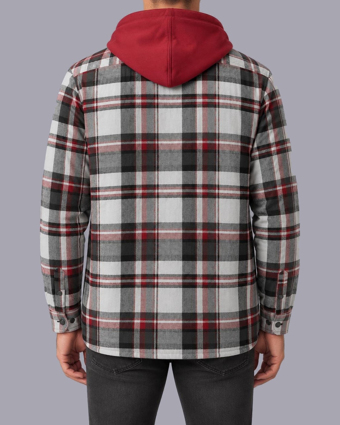 Men's Hooded Flannel Shacket – Quilted Lining, Regular Fit – Grey – back