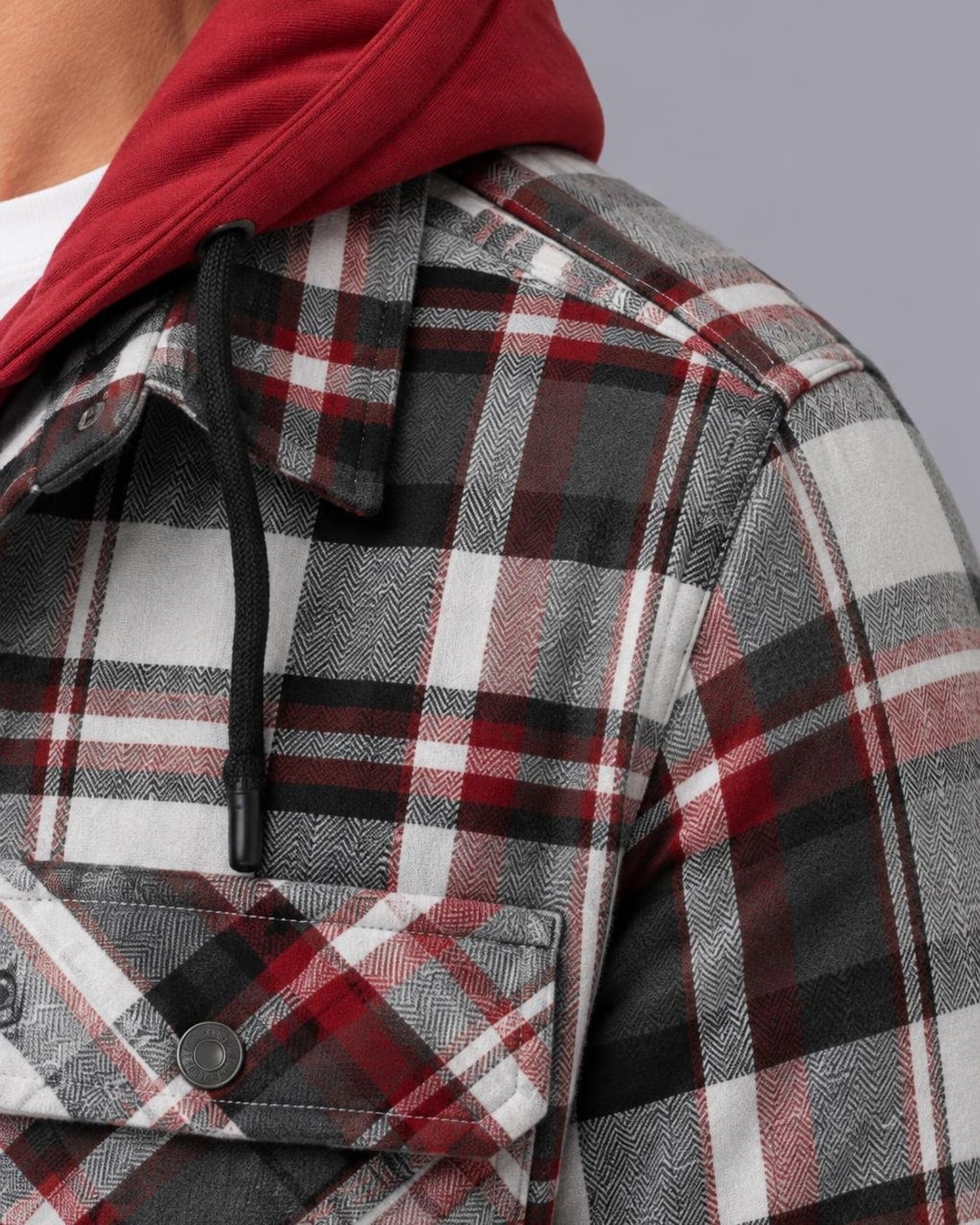 Men's Hooded Flannel Shacket – Quilted Lining, Regular Fit – Grey – shoulder detail