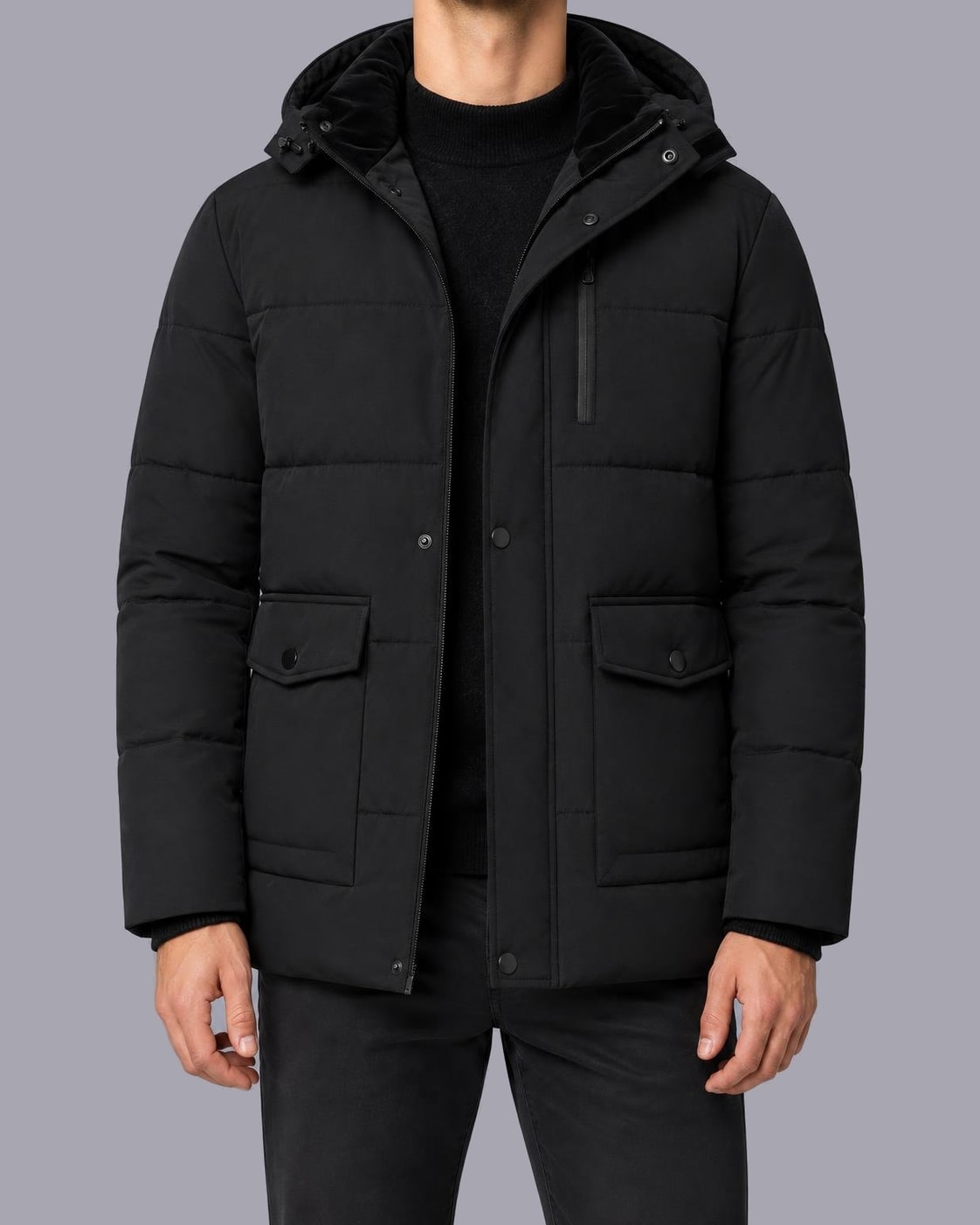 Men's Quilted Puffer Jacket – Plush-Lined Hood, Regular Fit – Black