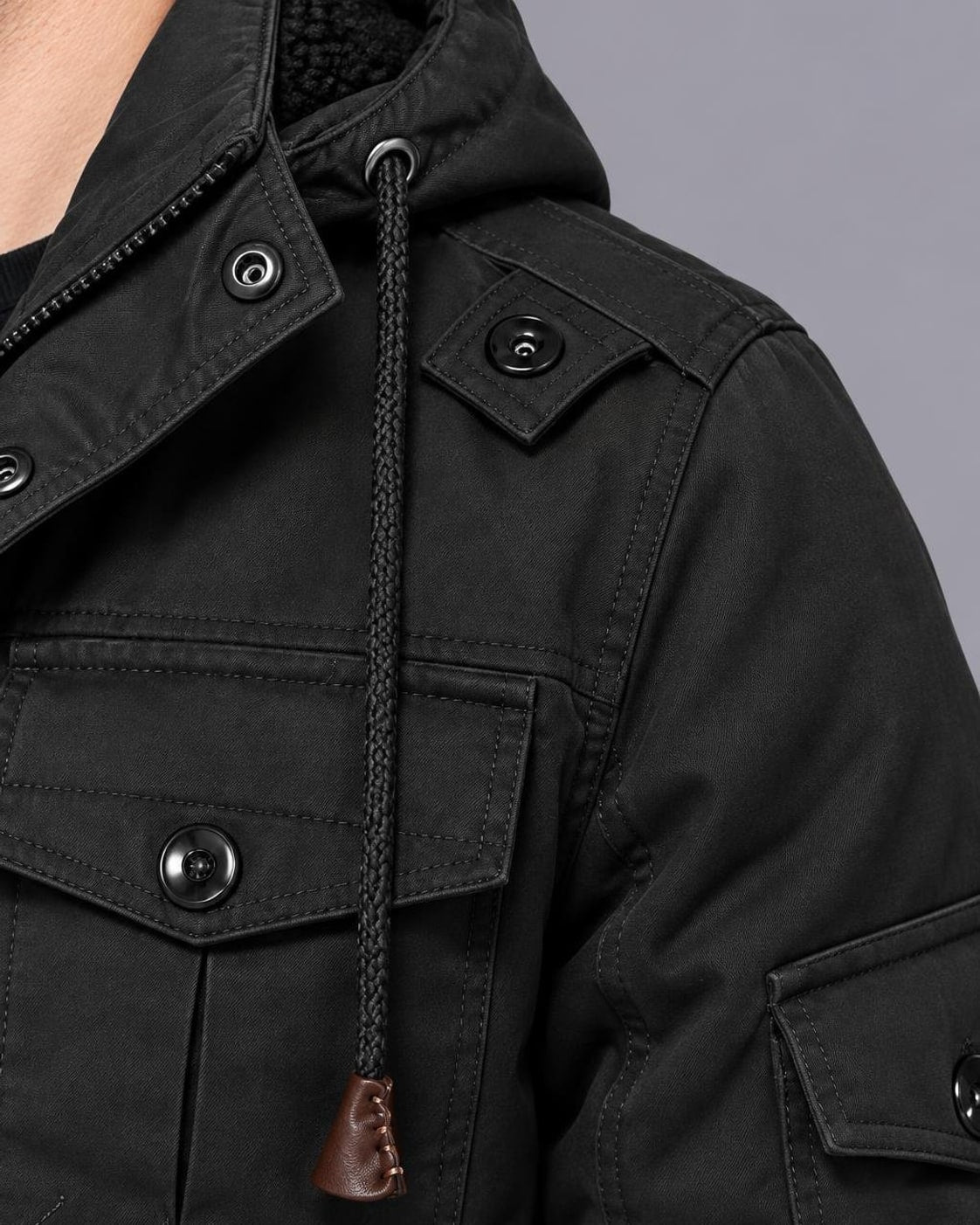 Men's Fleece-Lined Utility Parka – Hooded, Multi-Pocket, Regular Fit – Black – shoulder detail