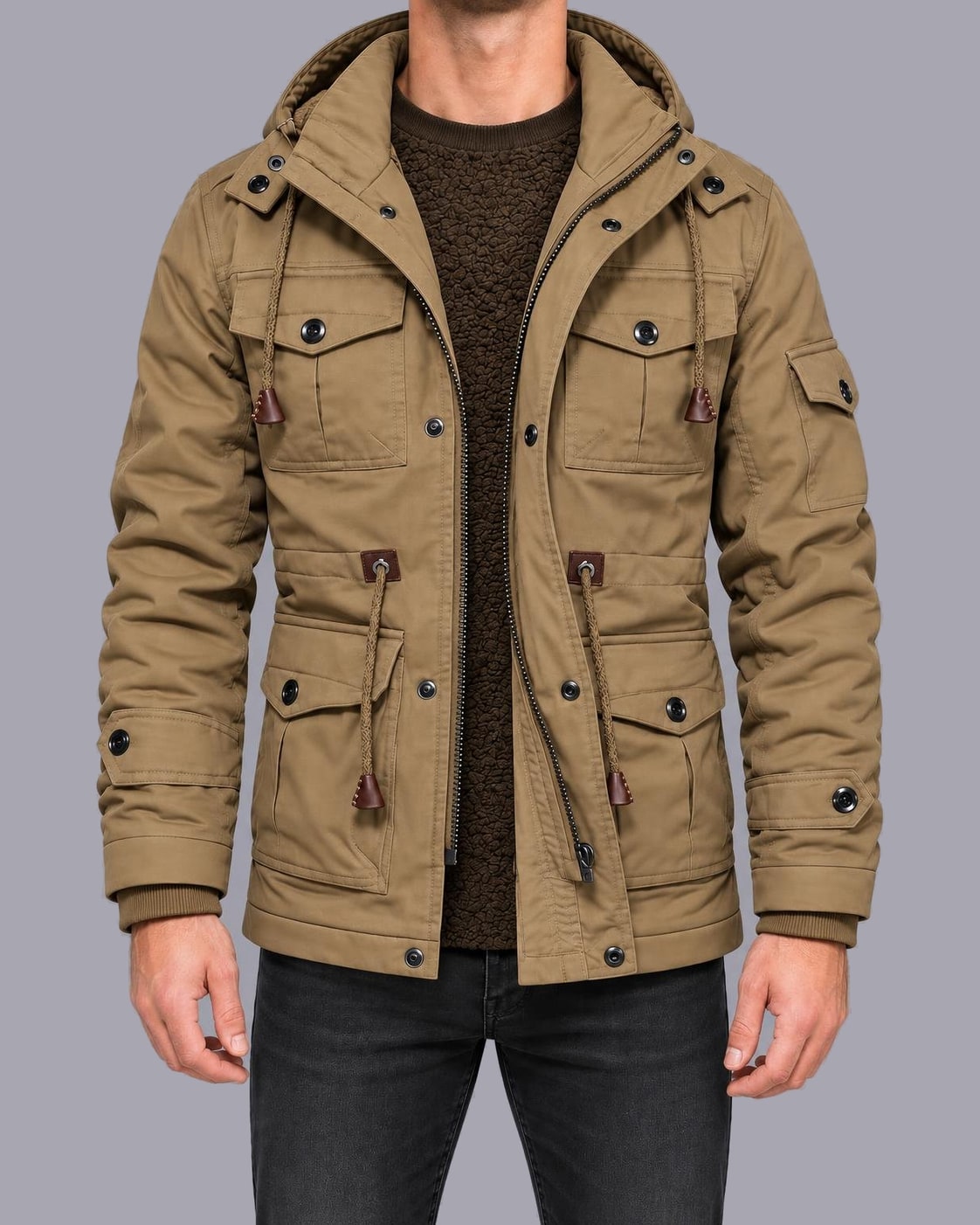 Men's Fleece-Lined Utility Parka – Hooded, Multi-Pocket, Regular Fit – Khaki