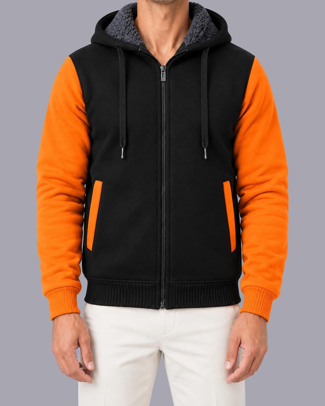 Men's Fleece-Lined Zip-Up Hoodie – Colour Block, Full-Zip – Orange