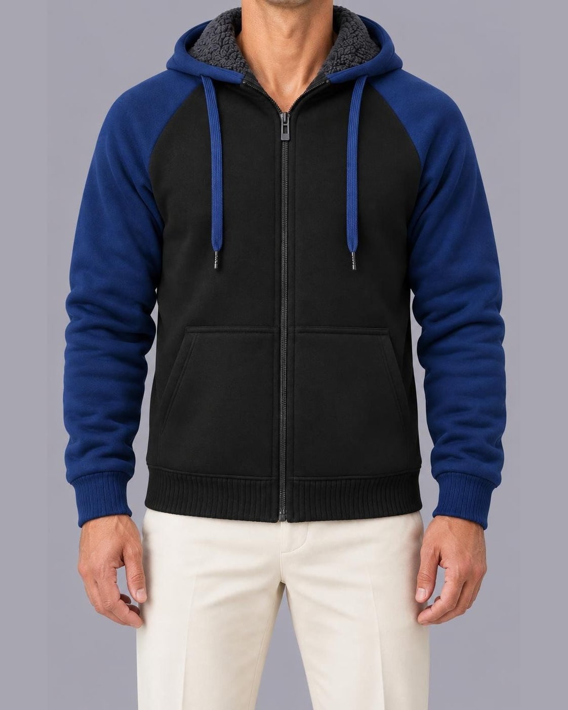 Men's Fleece-Lined Zip-Up Hoodie – Colour Block, Full-Zip – Blue