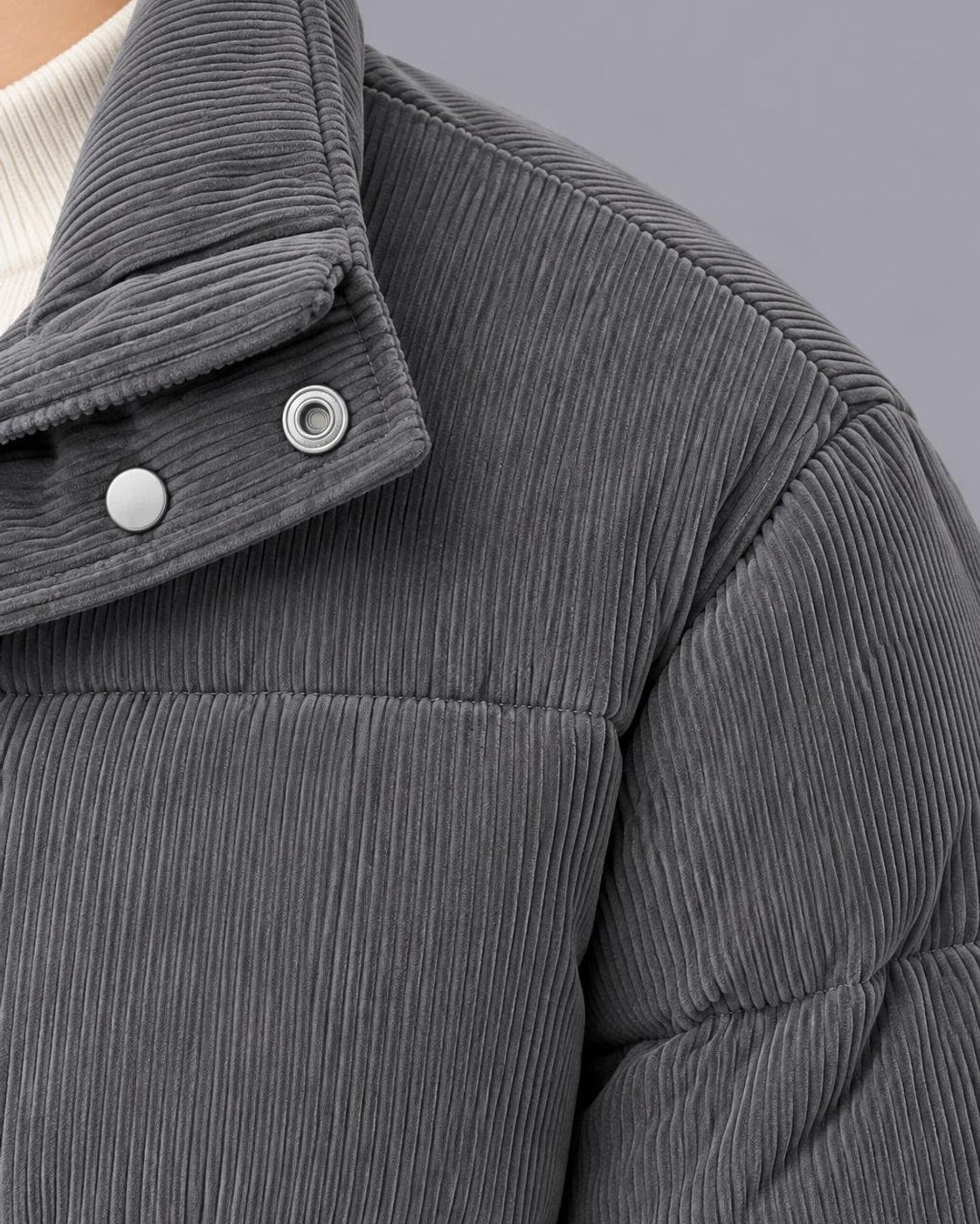 Men's Quilted Corduroy Jacket – Padded Winter Coat, Regular Fit – Grey – shoulder detail