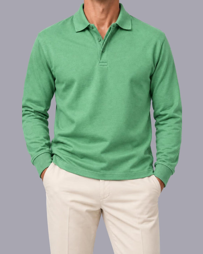 Men's Long Sleeve Polo Shirt – Knitted Cotton, Regular Fit – Green