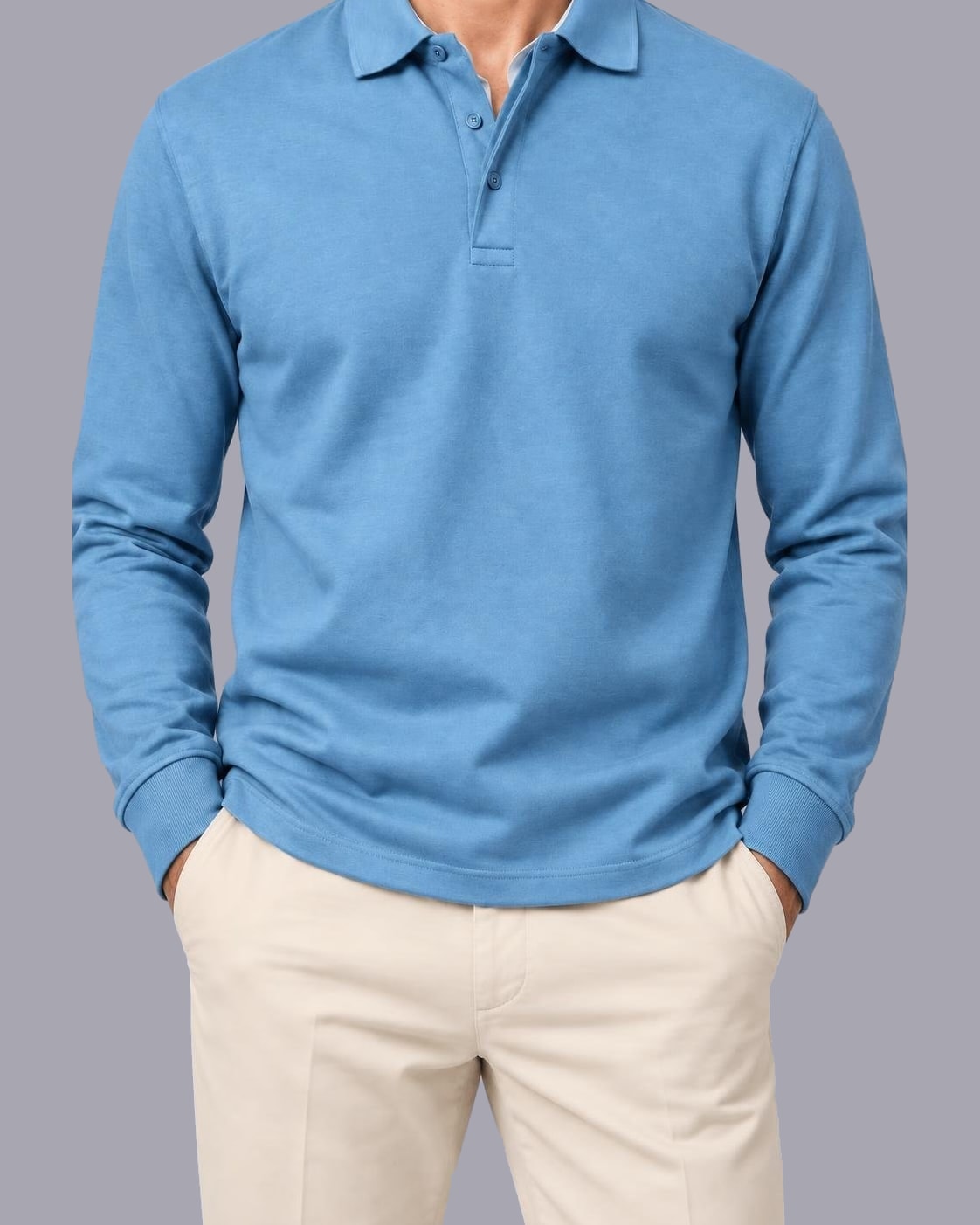 Men's Long Sleeve Polo Shirt – Knitted Cotton, Regular Fit – Light Blue