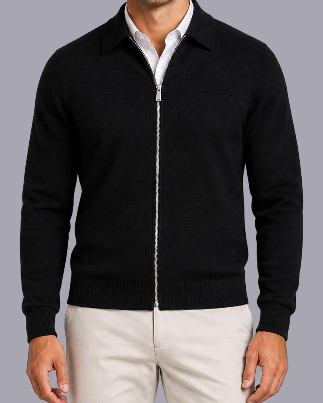 Men's Fine-Gauge Knit Jumper | Tailored Full-Zip Collared Sweater | Stylish All-Season Top – Black
