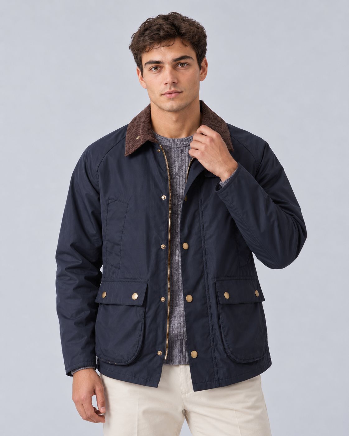 Men's Barn Jacket in Polyester – Contrast Collar, Front Zip, Relaxed Fit