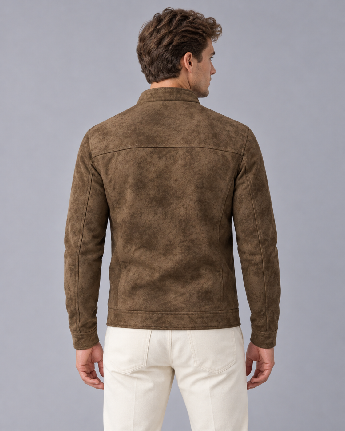 Men's Faux Leather Jacket with Zip Front and Stand Collar