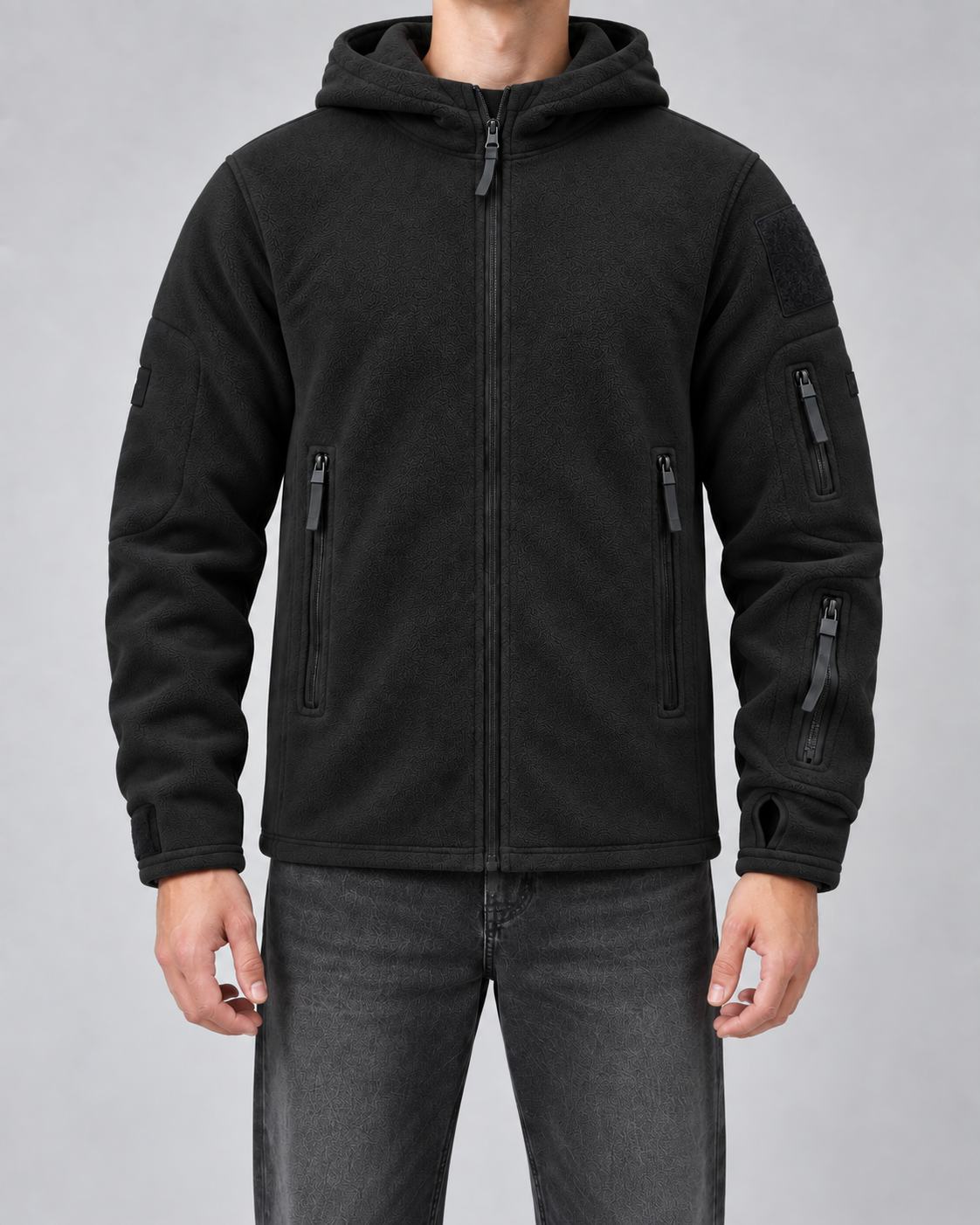 Men's Full-Zip Fleece Jacket - Hooded Multi-Pocket Regular Fit