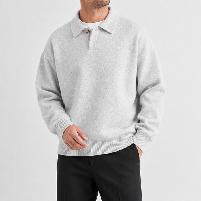 Men's Knitted Polo Jumper – Long Sleeve with Button Collar, Relaxed Fit