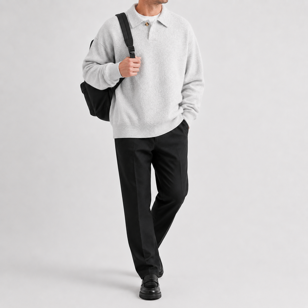 Men's Knitted Polo Jumper – Long Sleeve with Button Collar, Relaxed Fit