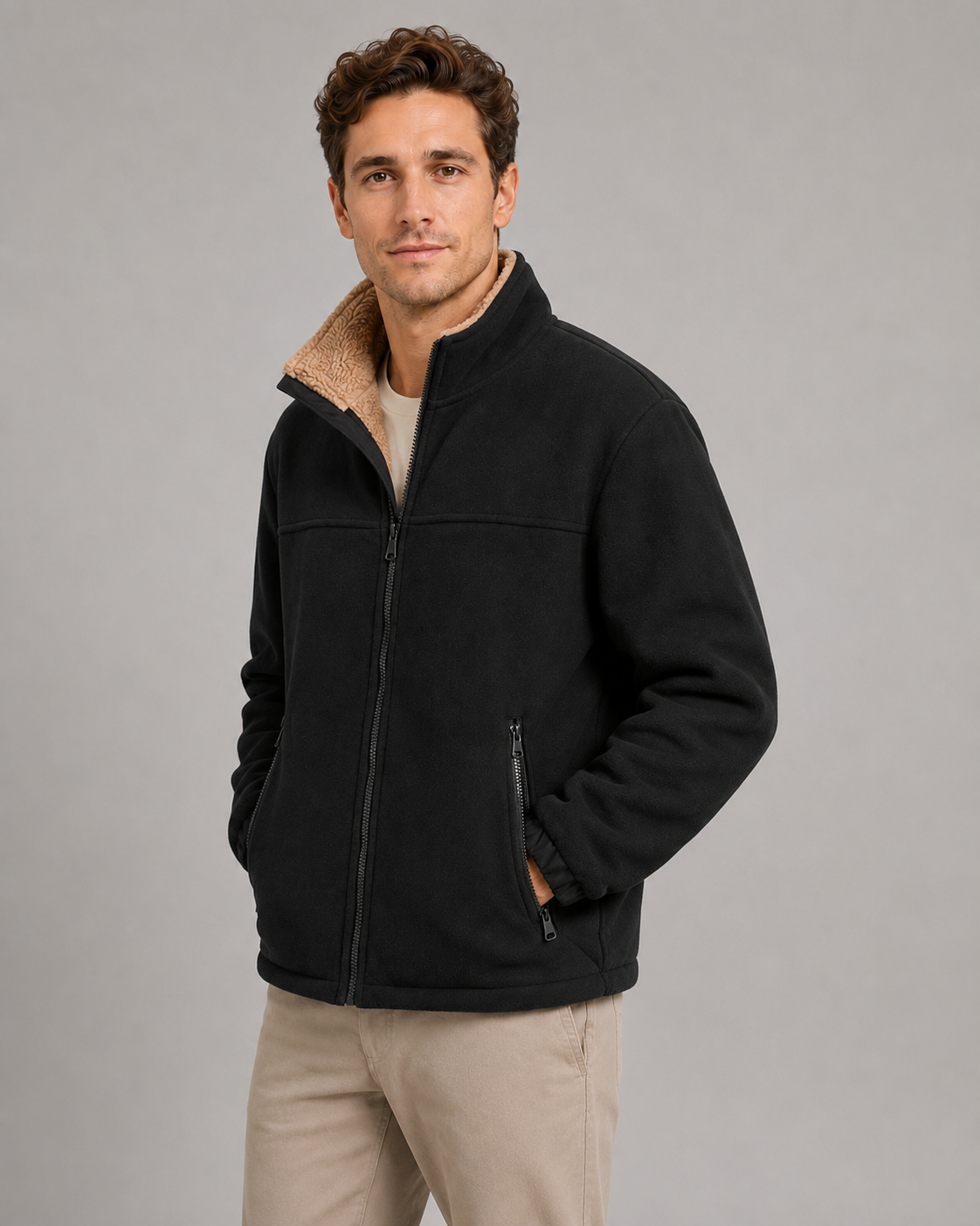 Men's Sherpa Fleece Jacket – Full Zip, Stand Collar, Regular Fit