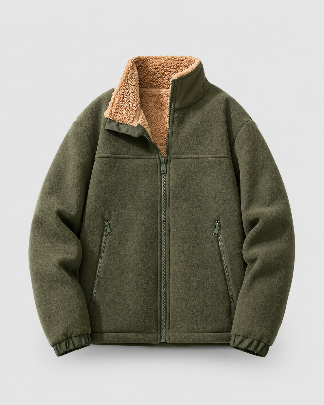 Men's Sherpa Fleece Jacket – Full Zip, Stand Collar, Regular Fit