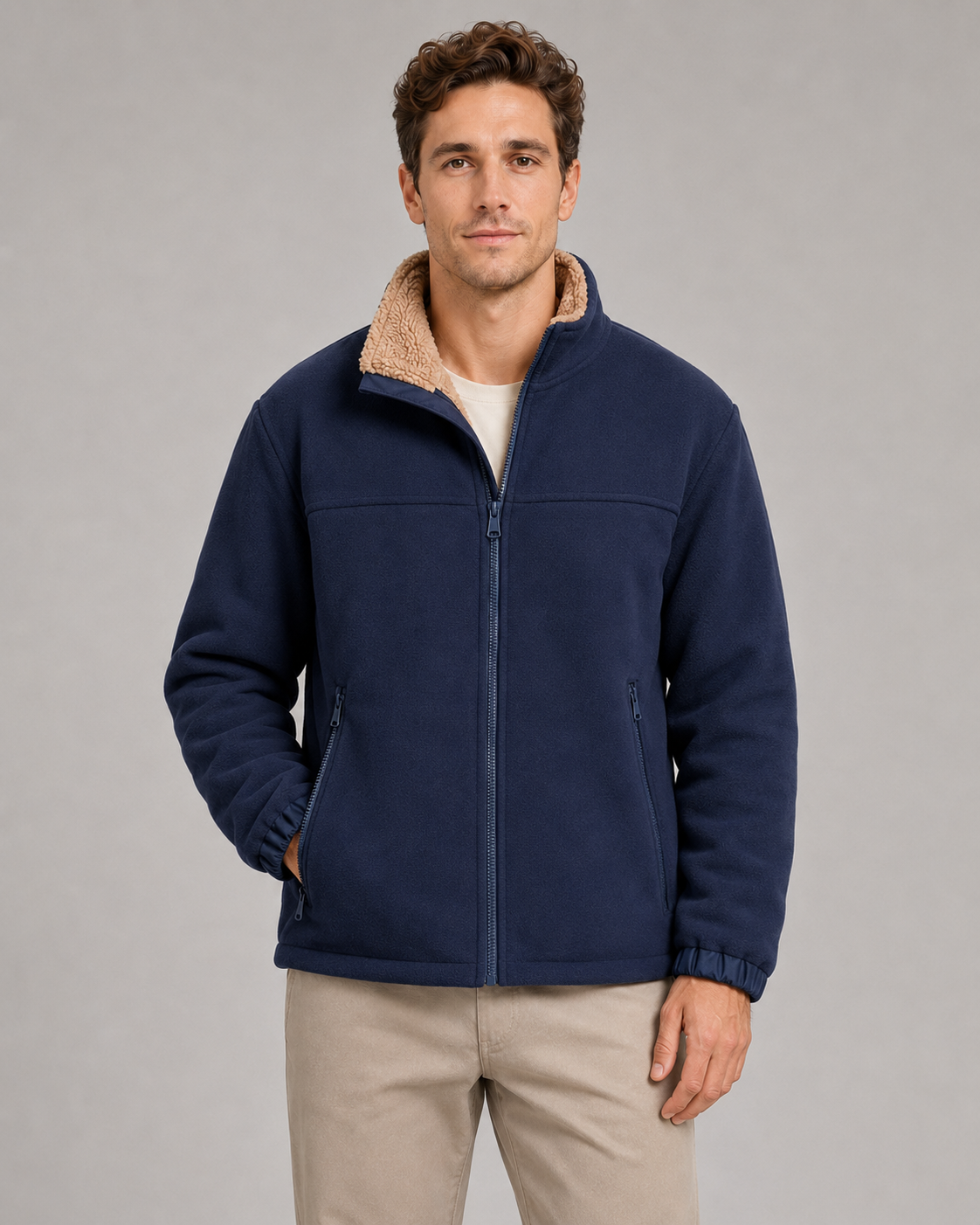 Men's Sherpa Fleece Jacket – Full Zip, Stand Collar, Regular Fit